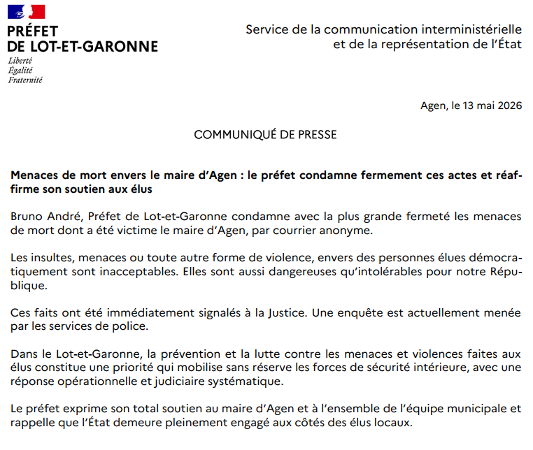 Image de Préfet de Lot-et-Garonne - Bruno André, Préfet de Lot-et-Garonne condamne avec la plus grande fermeté les menaces de mort dont 