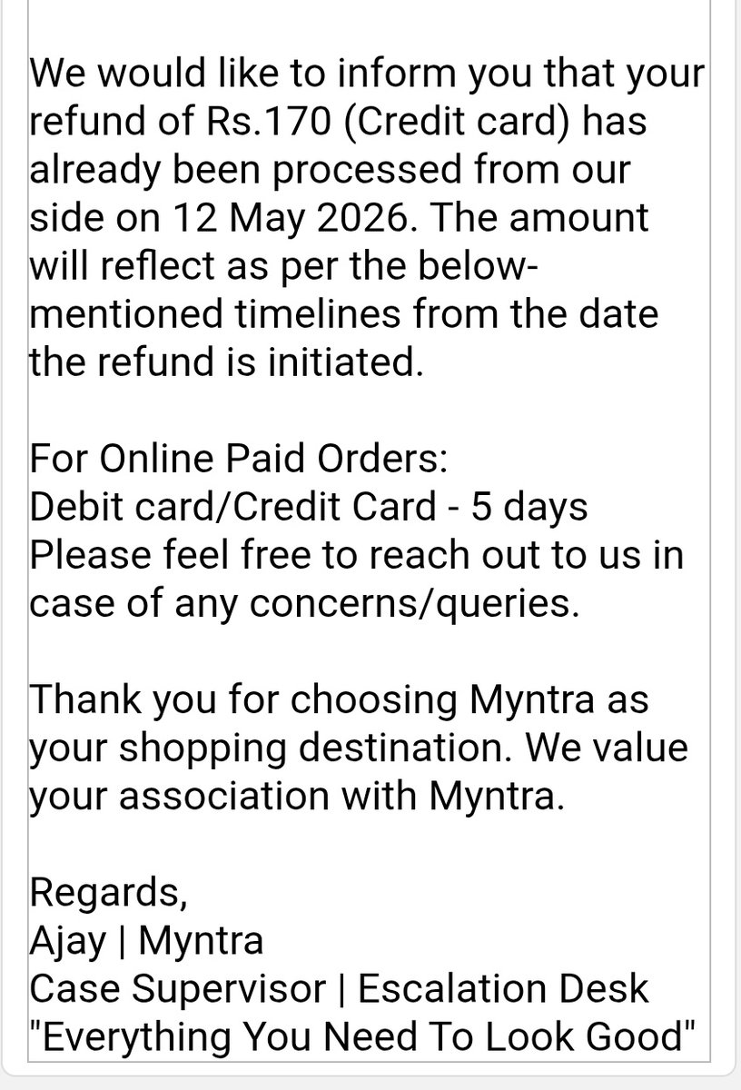 saiyogi1's tweet photo. The Least @MyntraSupport could have done its full refund. Order got cancelled because of #myntra incompetence to deliver the product even after 5 months of follow-ups. And this isn't a fair resolution.  #support #refund #WorstSupportTeam https://t.co/aHBR123IwK
