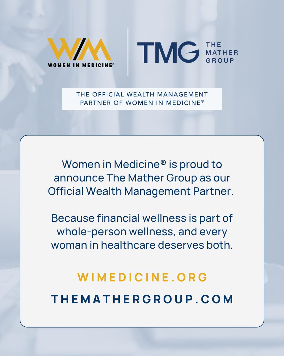 WimedicineOrg's tweet photo. Proud to welcome @themathergroup as a WIM Wealth Management Partner, supporting the women leading medicine forward.

Learn more: https://t.co/J5QBXT0wAT

#WomenInMedicine #WIMStrongerTogether #Partnership https://t.co/omyjW5AsBm