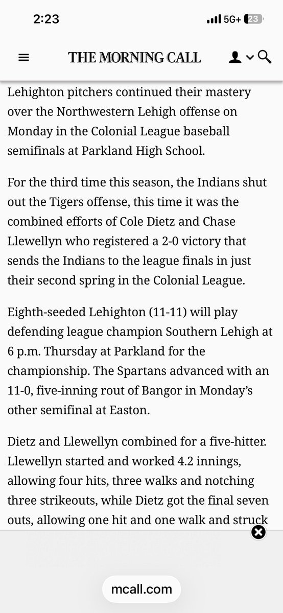 _jcdietz's tweet photo. Llewellyn, Dietz and defense help tribe advance to CL championship! https://t.co/ghQQhyLSrv
