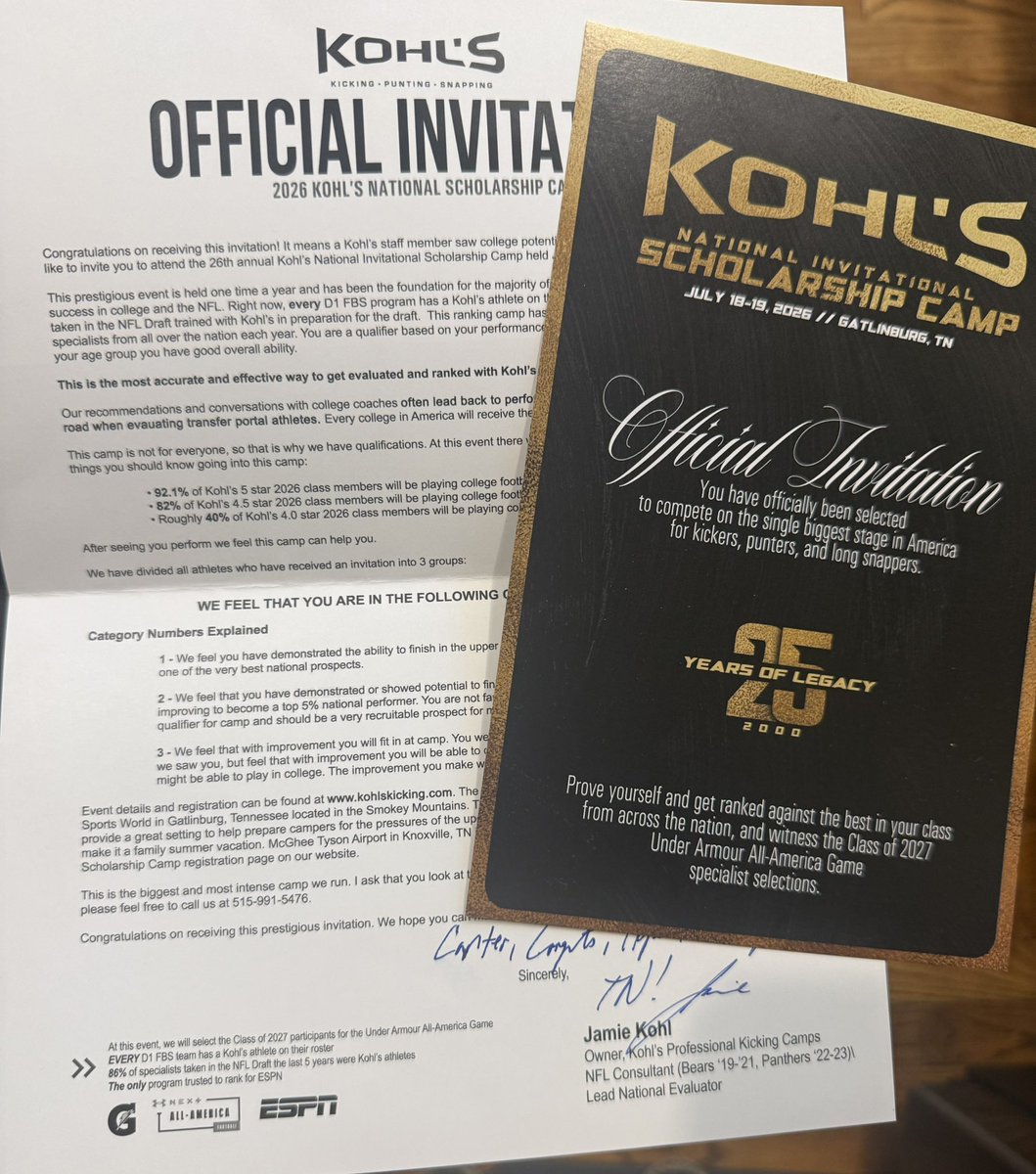 Carterclass2028's tweet photo. Excited and grateful to receive an official invite to compete @KohlsKicking camp in TN this summer. Can’t wait!!  Thanks for the invite. https://t.co/KCB5IEAyV5
