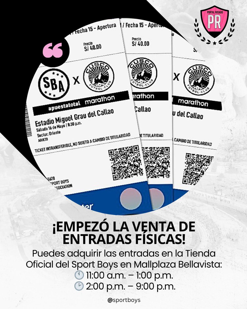 PortalRosado's tweet photo. ¡Empezó la venta de entradas físicas! 🖤🩷Puedes adquirir las entradas en la Tienda Oficial del Sport Boys en Mallplaza Bellavista: 

🕚 11:00 a.m. – 1:00 p.m.
🕑 2:00 p.m. – 9:00 p.m.

🎟️ Entradas también disponibles en https://t.co/RDIs47vLax

#ElPortalDelHinchaRosado https://t.co/npBePeumun