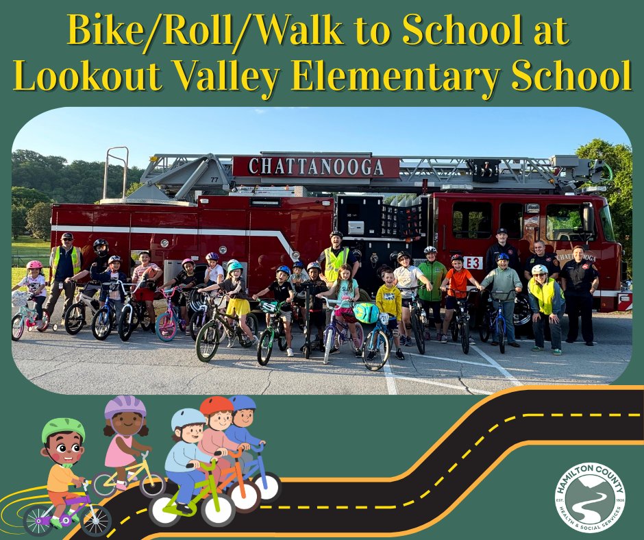HamiltonHealth's tweet photo. Lookout Valley Elementary students, parents, and faculty celebrated Bike/Roll/Walk to School this morning by strapping on their bicycle helmets and lacing up their walking shoes. Walk- and bike-to-school events encourage students to be more physically active, learn safer routes to school, and build stronger community connections. In addition, these events raise awareness of pedestrian safety.  A special thanks to Lookout Valley Elementary faculty, Chattanooga Fire Department, Chattanooga Police Department, Children’s Hospital at Erlanger, White Oak Bicycle Co-op, City of Chattanooga, and Outdoor Chattanooga for their role in making this a successful event. To learn more about these initiatives, please visit https://t.co/HtqwTDVmHE.