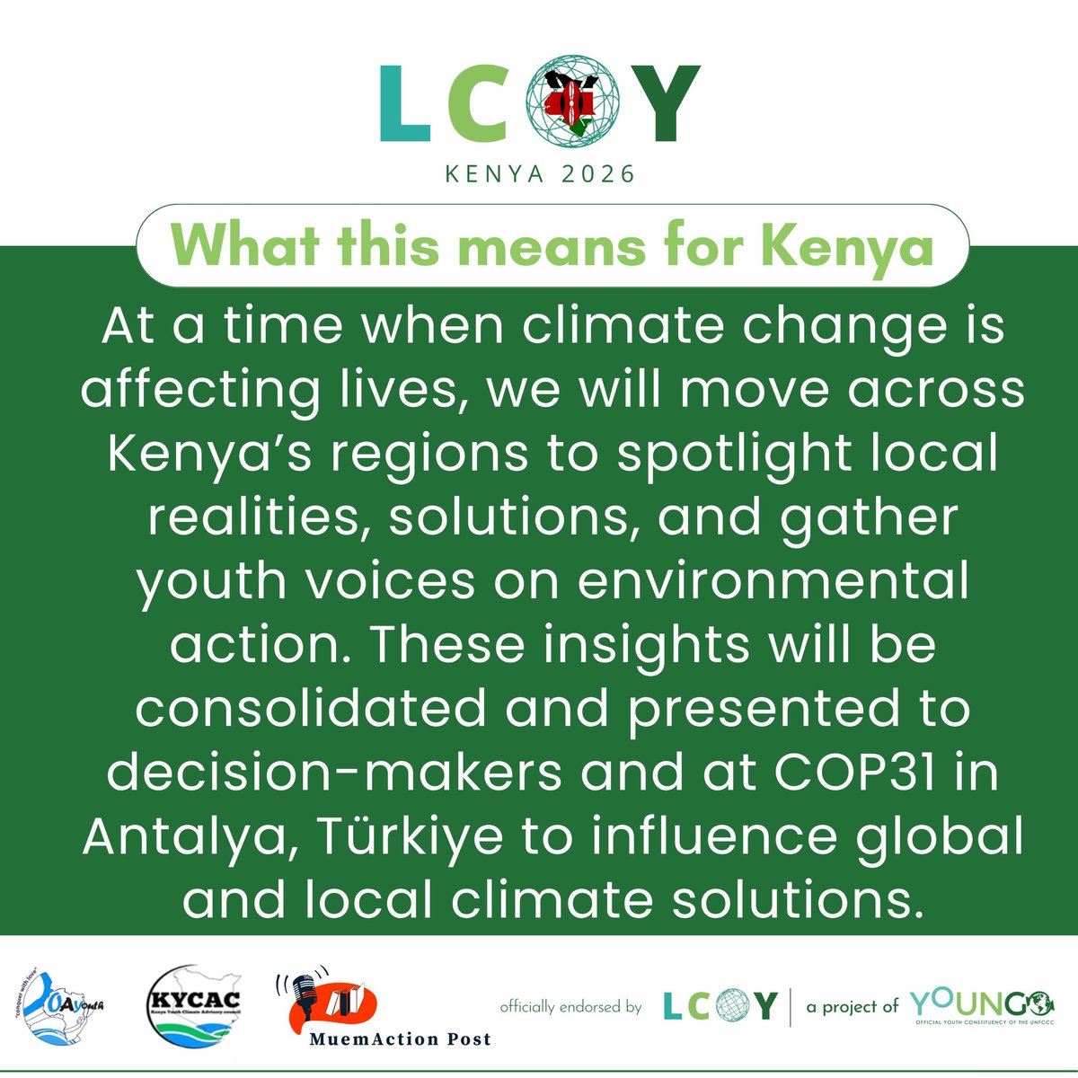 MuemActionPost's tweet photo. The @Oayouthkenya, @KYCA_Council, and @MuemActionPost have been selected by YOUNGO to host #LCOYKenya2026!

This youth-led platform will convene young people nationwide to co-create solutions, inform policy, and amplify voices towards COP31.

Let's partner lcoykenya2026@gmail.com https://t.co/5Dd1lUzTwX