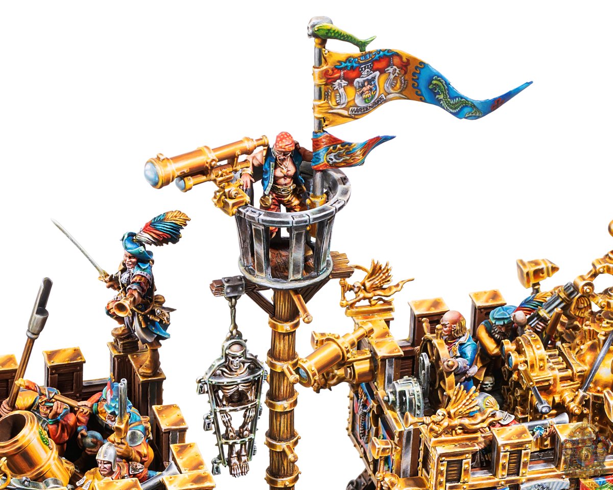 Chenart12's tweet photo. The Wonder of the Age (Land Ship） & Manann‘s Blades 🛞🚢🛞

“Created by the forges of Nuln for the Guild masters of Marienburg, this prototype has had no expense spared on its finery or munitions.”

After a full year of work, we have finally completed my Land Ship. I went with the Marienburg color scheme and added an Empire Mortar inspired by The Wonder of the Age from Total War: Warhammer III.

The Land Ship is one of my favorite Warhammer models. To make it better reflect my own interpretation of the “Renaissance-style golden splendor” of the Empire as depicted in the 8th-edition artwork, I added a large number of decorative elements taken from other kits.

@warhammer 

#WarhammerCommunity #warhammer