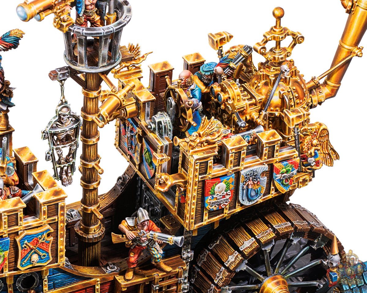 Chenart12's tweet photo. The Wonder of the Age (Land Ship） & Manann‘s Blades 🛞🚢🛞

“Created by the forges of Nuln for the Guild masters of Marienburg, this prototype has had no expense spared on its finery or munitions.”

After a full year of work, we have finally completed my Land Ship. I went with the Marienburg color scheme and added an Empire Mortar inspired by The Wonder of the Age from Total War: Warhammer III.

The Land Ship is one of my favorite Warhammer models. To make it better reflect my own interpretation of the “Renaissance-style golden splendor” of the Empire as depicted in the 8th-edition artwork, I added a large number of decorative elements taken from other kits.

@warhammer 

#WarhammerCommunity #warhammer