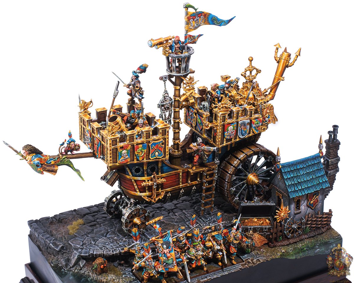 Chenart12's tweet photo. The Wonder of the Age (Land Ship） & Manann‘s Blades 🛞🚢🛞

“Created by the forges of Nuln for the Guild masters of Marienburg, this prototype has had no expense spared on its finery or munitions.”

After a full year of work, we have finally completed my Land Ship. I went with the Marienburg color scheme and added an Empire Mortar inspired by The Wonder of the Age from Total War: Warhammer III.

The Land Ship is one of my favorite Warhammer models. To make it better reflect my own interpretation of the “Renaissance-style golden splendor” of the Empire as depicted in the 8th-edition artwork, I added a large number of decorative elements taken from other kits.

@warhammer 

#WarhammerCommunity #warhammer