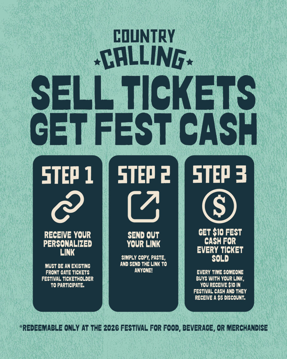 ctrycallingfest's tweet photo. Bring your friends to the party 🤠

Get $10 fest cash and a $5 discount for your friend when they purchase a ticket through your referral link!

Sign up today: https://t.co/WvOxS2yzEM https://t.co/naz2udtLva