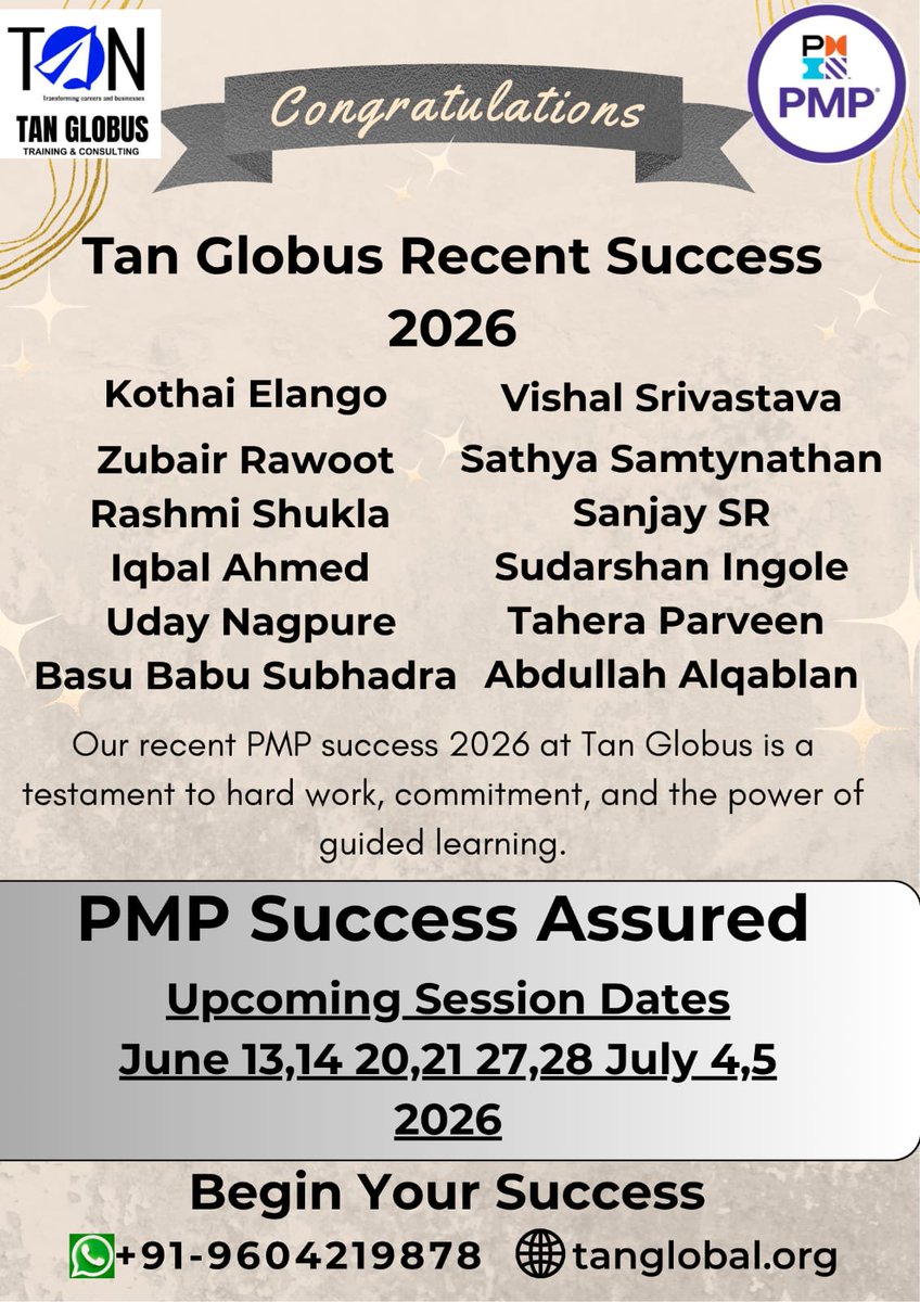 tanveermsayed's tweet photo. 🎉 Congratulations Vishal Srivastava on becoming PMP® certified with Above Target indomains! 🏆
Another proud PMP success from TAN Globus.
🚀 New PMP batch starts this Saturday
✅ 35 PDUs
✅ Application Support
✅ Pmp success mentoring
📞 +91-9604219878
🌐 https://t.co/yghWdHq3ZP https://t.co/x1pmrzBnuy