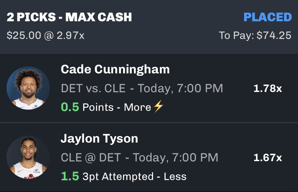 HunchoGambles's tweet photo. NBA PROP #1 🏀

Jaylon Tyson u1.5 three point attempts

Tyson has played his way out of the rotation. Kenny Atkinson has stuck with Dean Wade despite his troubles and it’s paid off. He’s one of the only players on the roster that can make it difficult for Cade Cunningham. Strus has experience and also a factor on both ends of the floors. Sam Merrill has been shooting bad but I still think they stick with him, that means Tyson is left in the shadows. Especially playing on the road I don’t expect Tyson to take 3 point shots even if he does get minutes. He’s 1-6 in this series from three and last game he only saw 8 minutes of action. Unless there’s foul trouble I don’t see Tyson getting many minutes tonight. Also paired this with my Cade Cunningham free square on Chalkboard ! Download the app & use code HUNCHO ⬇️ 

https://t.co/Ky3D7MOdfd

#GamblingTwitter #GamblingX #NBAX #NBA #PropBets #gambling #FreeBet #freeplays #NBAPicks #NBAtwitter #nbabets #DFS #NBAlotto #lotto #NBAplayoffs #wnba #WNBATipOff #WNBApicks #WNBAprop #WNBAlotto #WNBADemon #wnbatwt