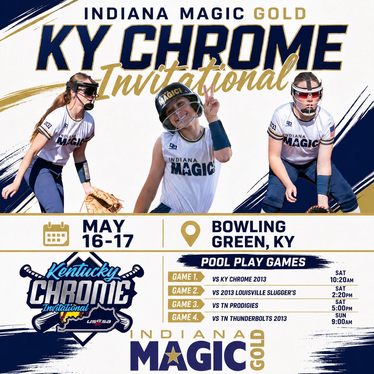 MagicGold2031's tweet photo. 🌟Road Trip Weekend 🌟

The girls are headed to Kentucky this weekend to compete in the KY Chrome Invitational in Bowling Green, KY! 💙💛🥎

Come cheer on Indiana Magic Gold as we battle against some of the top competition in the region. If you can’t make it in person, be sure to follow along all weekend on GameChanger!

📍 Bowling Green, KY
📅 May 16-17

💫 Pool Play Schedule 💫
• Game 1 vs KY Chrome 2013 — Saturday 10:20 AM
• Game 2 vs 2013 Louisville Slugger’s — Saturday 2:20 PM
• Game 3 vs TN Prodigies — Saturday 5:00 PM
• Game 4 vs TN Thunderbolts 2013 — Sunday 9:00 AM

Let’s go Magic! ✨💙💛 #goldblooded #IndianaMagicGold #KYChromeInvitational #GameChanger #FastpitchSoftball