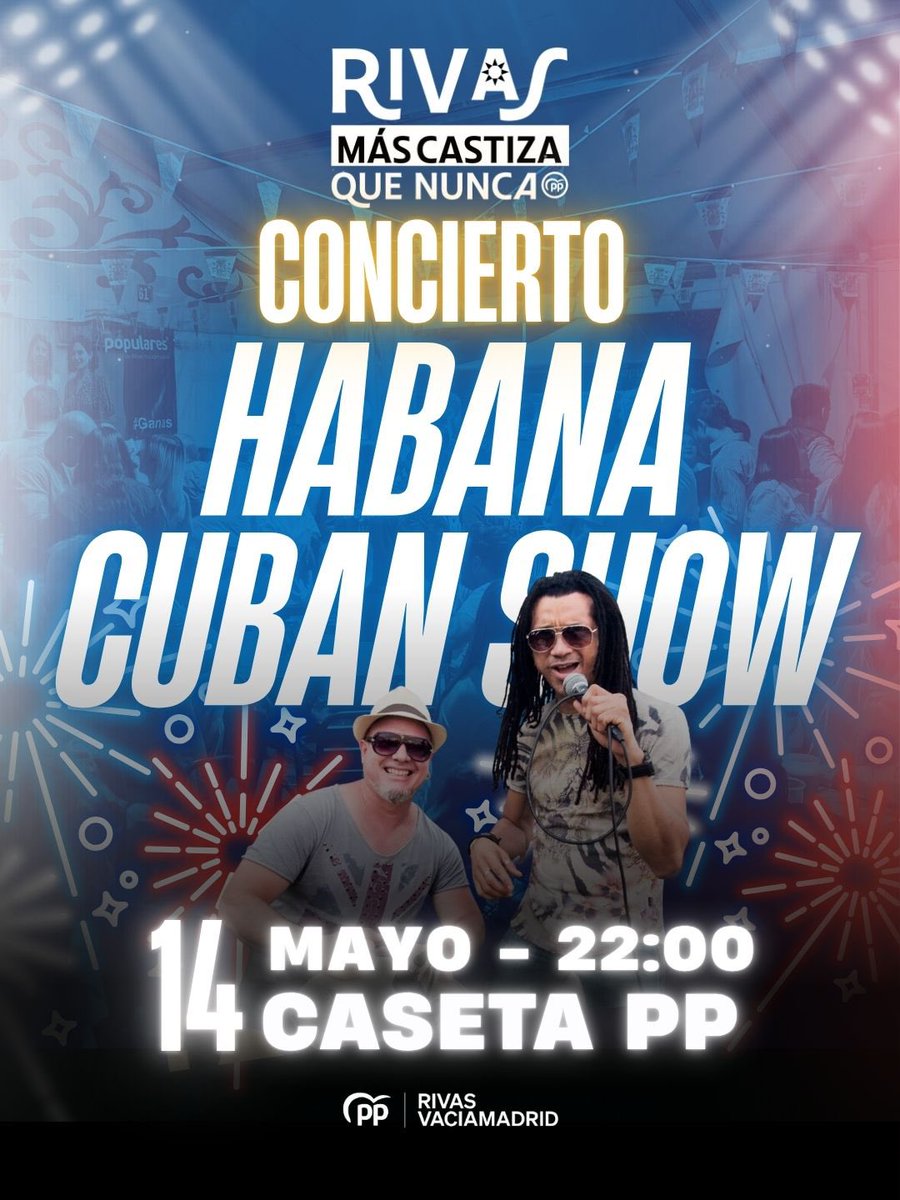 PPopular_Rivas's tweet photo. 🎶Mañana jueves 14 de mayo, a partir de las 22:00h tendremos sabor cubano en la caseta del Partido Popular con el concierto de Habana Cuban Show.

🙌🏼¡Imprescindible venir con muchas ganas de bailar y pasarlo bien!

¡Os esperamos! 🇨🇺 https://t.co/Jsft0cPDgk