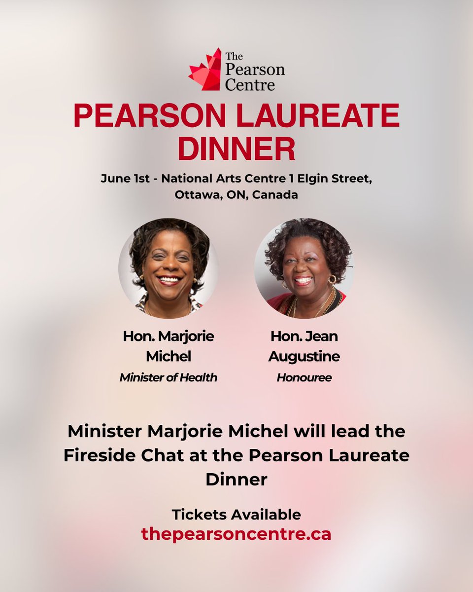 PearsonCentre's tweet photo. We are excited to announce that Minister @MarjoriePLC will lead the Fireside Chat with Honouree @JeanAugustine07 at the 2026 Pearson Laureate Dinner.

Join us on June 1st for a wonderful night with engaging conversations. 

Purchase Tickets Here:
https://t.co/knOSfKHSgp https://t.co/YTopREdNvm