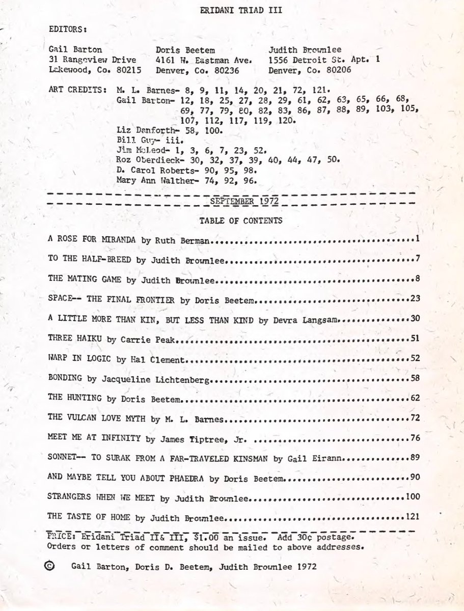 jeided_'s tweet photo. made an amazing find last night. James Tiptree Jr. once submitted a script for an episode of Star Trek, 'Meet Me at Infinity', but it was rejected. it seems she reworked it into a short story, which she published in this Trekkie fan magazine in 1972:

https://t.co/UM3TXee0B1 https://t.co/hrS5DXpvA2