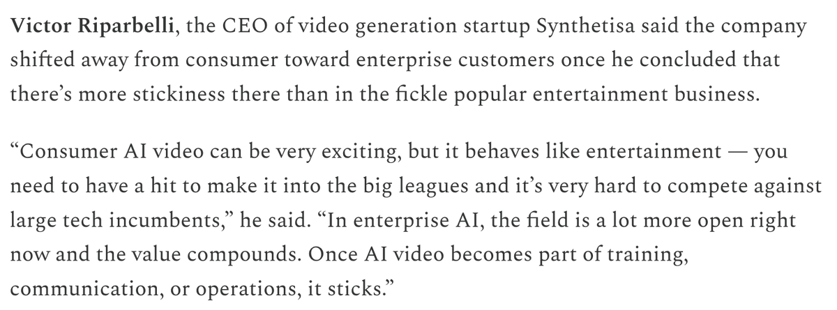 joeciarallo's tweet photo. .@vriparbelli to @cityofthetown on why @synthesiaIO  moved away from consumer early on: enterprise AI video sticks in a way entertainment doesn't. Full piece in @EricNewcomer worth a read. https://t.co/IVxEE49AnB https://t.co/wnJ6i5T3Bp