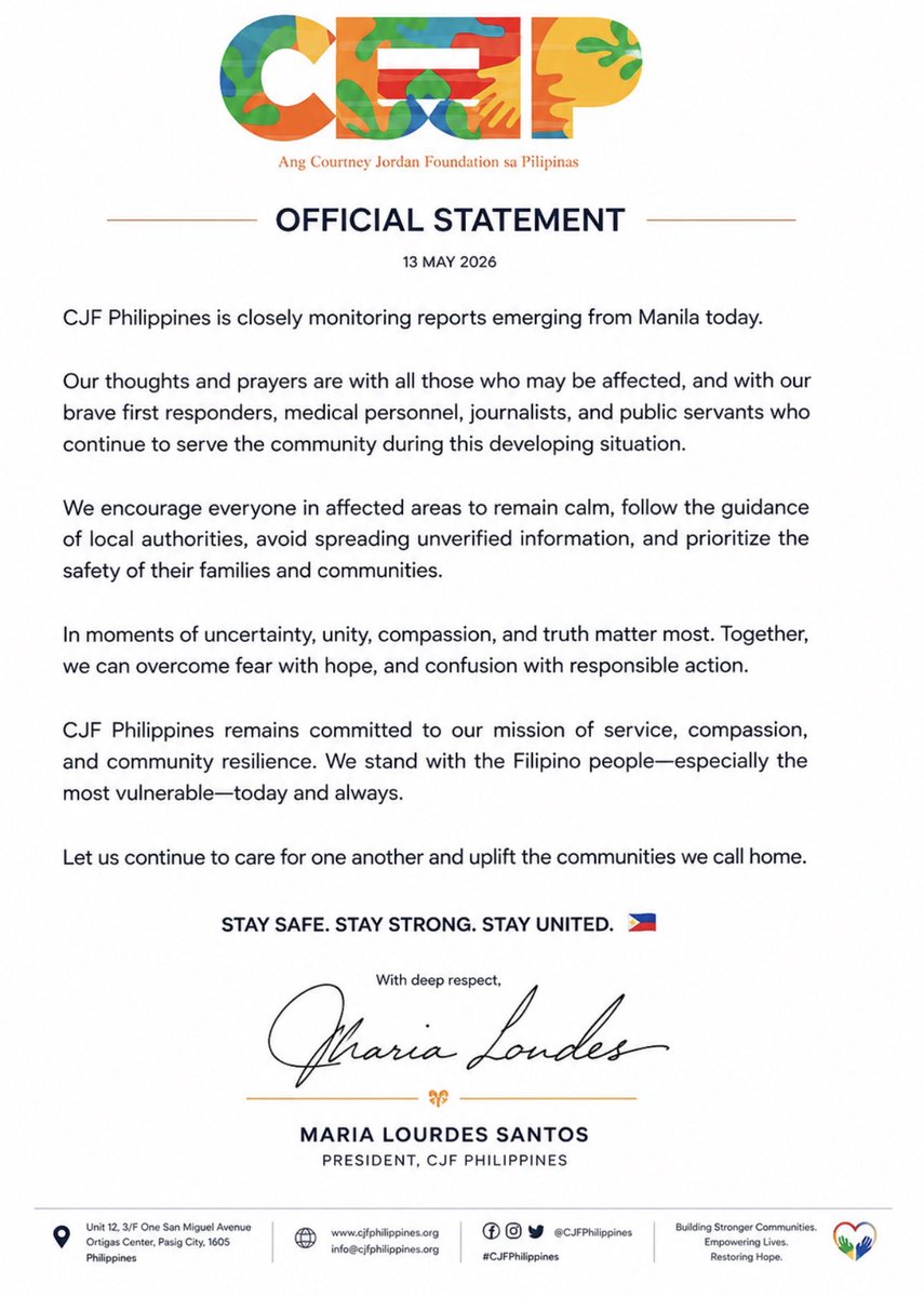 CJF_Philippines's tweet photo. Our hearts are with everyone affected by the developing situation in Manila. CJF Philippines is praying for the safety of families, responders, and communities across the region. 🇵🇭 

Official statement below. https://t.co/G41xhfJq0z