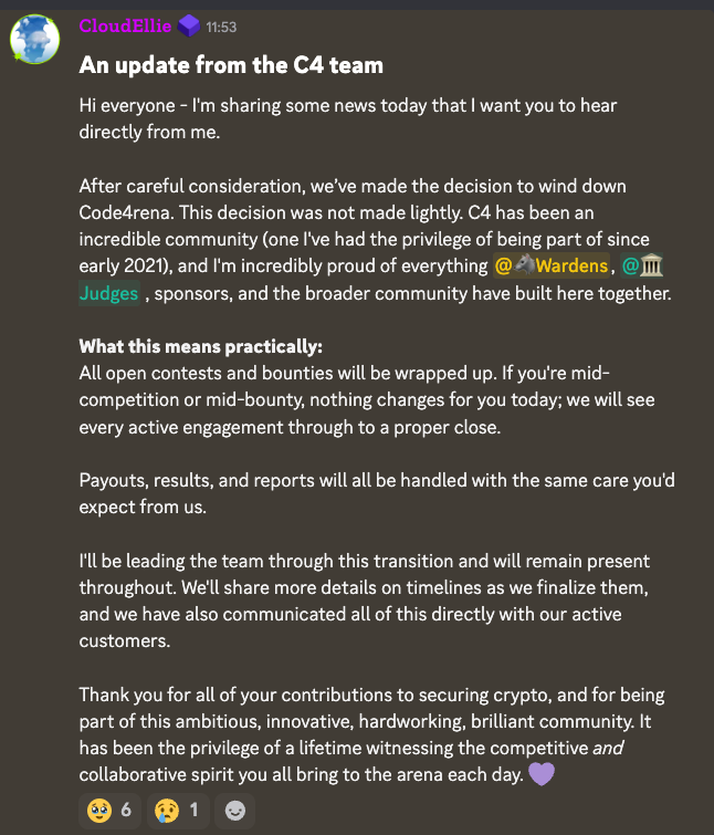 33audits's tweet photo. sad day today c4 really made so many careers, so many brands that are running the space today were built on what c4 created. i remember submitting my first few bugs on c4 only to get them invalidated, it took submitting to three different contests before i found my first medium that was duped to hell, but that was the inspiring moment that i realized wait, maybe i can DO this

c4 was that but for so many people that came before me and after me, forever grateful to them and what they created in our industry @sockdrawermoney is a OG for real and the whole @code4rena team deserves kudos

now on to the hard stuff, one of the main drivers of this is obviously the business model for contests is no longer profitable, this is dangerous though as it doesn't give junior auditors a place to sharpen their skills and learn, it also consolidates power around bug bounties to a few different programs that now run that space

this leaves us at the mercy of these programs and whether they decide to lean towards benefiting SRs (rarely) or their customers/projects. i know c4 wasn't the place the go fro bbp's but seeing it shutdown just brings more fear that with the advancements in AI we're only going to see more greyhats hacking projects and then asking for 10%

the other side to this is instead of saying AI spam killed contest platforms, we should be asking how can we create contest platforms for the agentic future, one that is open and accepting to AI generated submissions, one that is AI native itself (triaging, validation, judging) is mostly handled by AI and welcomes the future that we are stepping into

I think as time goes by its clear we're creating (unfortunately) an industry where blackhats thrive and whitehats get called "beggers" when they submit a valid issue. the LZ fiasco with dvns is the perfect example of this. this isn't to say that AI submissions aren't a problem, 1500 submissions on a two week contest is now the norm, and can cause massive problems for projects looking to deploy quickly. but the current leaders in our contest/BBP space seem to prefer to blame AI as the problem instead of use AI to innovate a creative solution. 

curious to see how we as an industry evolve, there's still a lot of work to do and only collectively will we be able to secure web3.