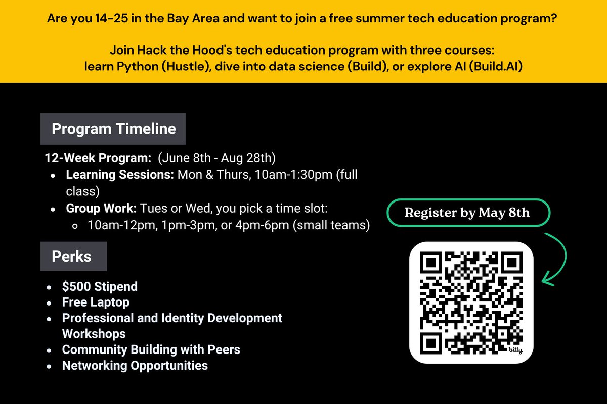greedyalgolady's tweet photo. An amazing organization who I’m proud to be apart of, Hack the Hood - has their Summer 2026 programs applications closing soon.

If you know someone 14-25 who may be interested in learning tech skills this summer and joining a community of Bay Area youth exploring careers in technology, apply today. 

Participants are given a laptop and a cash stipend if accepted into the program.

Apply Here for Summer 2026 Programs - https://t.co/AHO4n4Y6Jv