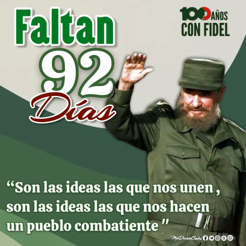 ElianneToro's tweet photo. 92 días para celebrar el centenario de Fidel. No es solo un aniversario, es la reafirmación de que las ideas son eternas, que nos unen y nos hacen un  pueblo combatiente. Nos enseñó que la dignidad no se negocia y que la juventud es la vanguardia del futuro. 
#100AñosConFidel https://t.co/Sb6F4BkhEt