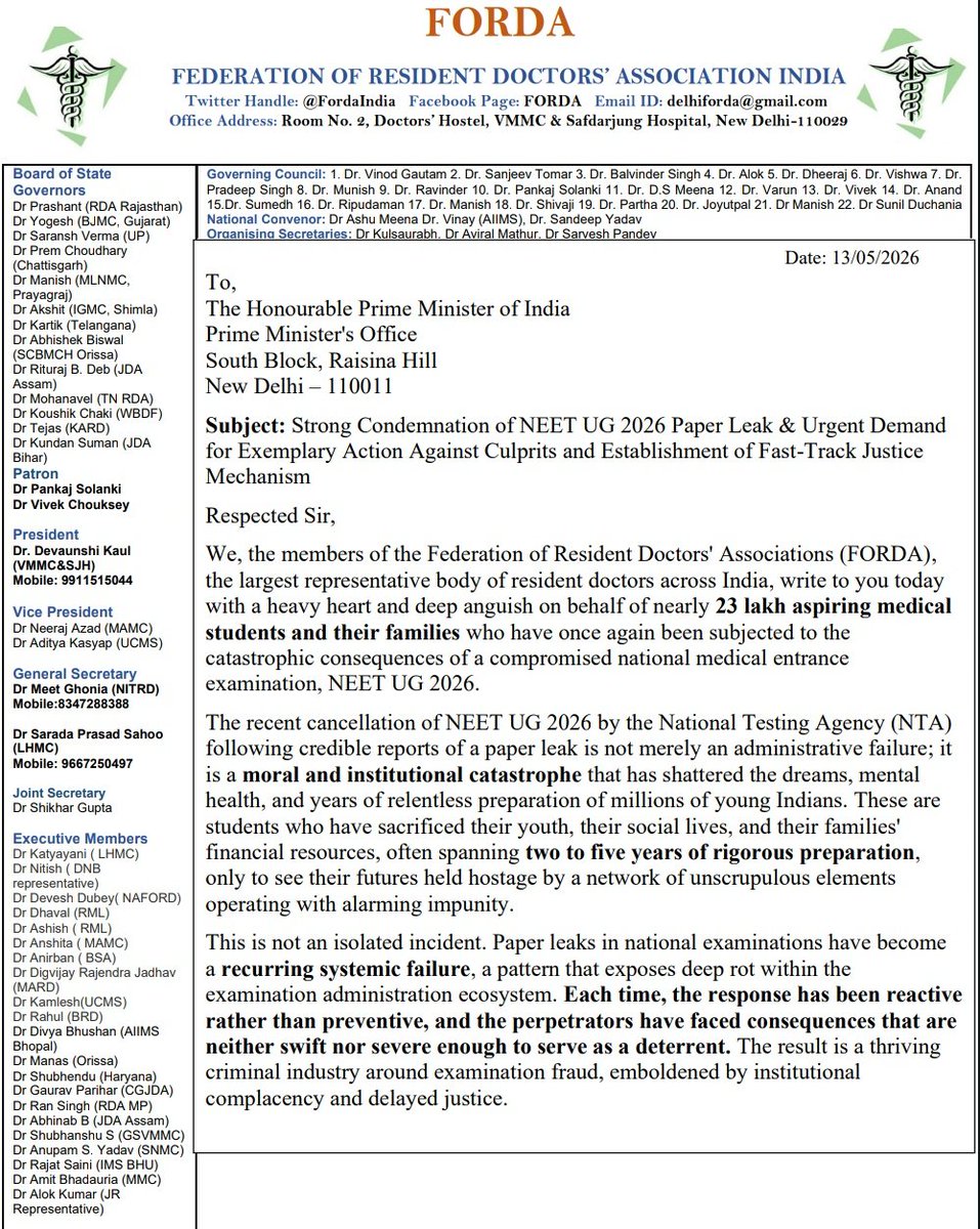 FordaIndia's tweet photo. Regarding NEET UG, FORDA writes to @PMOIndia &amp; demands :

1) Exemplary punishment for all culprits
2) Stringent central anti paper leak law
3) Transition to secure CBT model
4) Transparent re-examination with independent oversight

Future doctors deserve fair &amp; transparent system https://t.co/FU8LE7hRKd