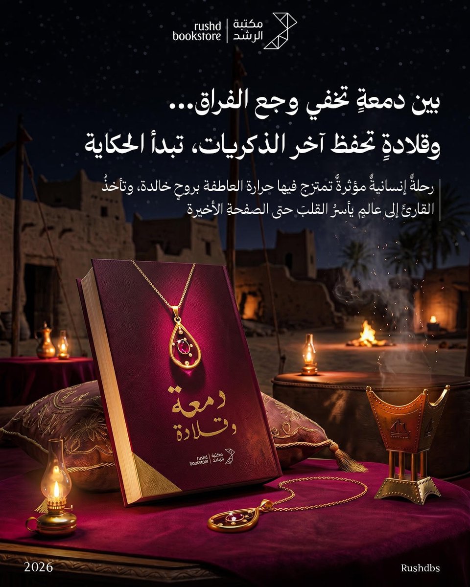 RUSHDBS's tweet photo. بينَ دَمعةٍ تُخبِّئُ وَجعَ الفِراق…
وقِلادةٍ تحتفظُ بآخرِ ما تبقّى من الذِّكريات،
تبدأُ الحكاية…

من أحدثُ إصدارات مكتبة الرشد
تجدون الرواية في معرض الدوحة الدولي للكتاب
- جناح H2-32