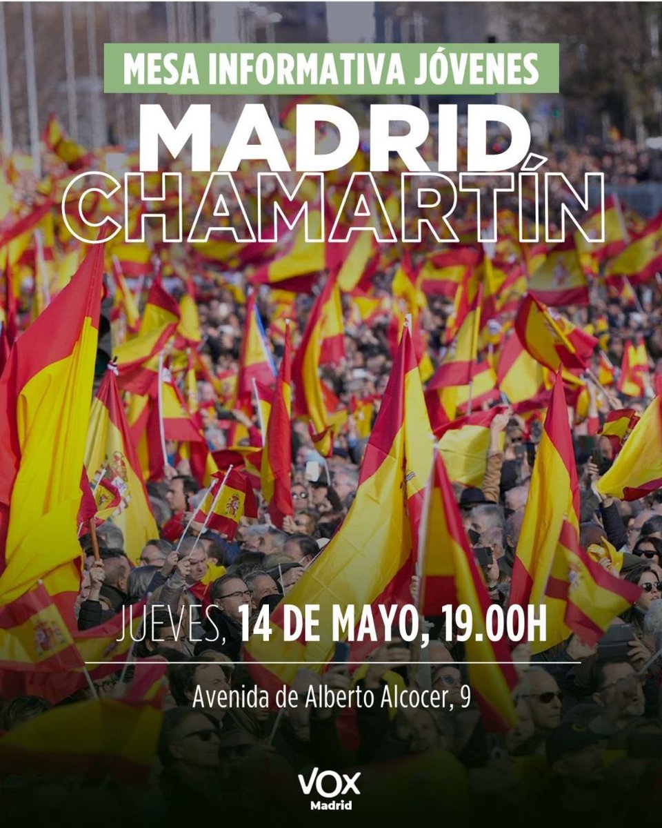 vox_usera's tweet photo. 🇪🇸 Mañana jueves 14 de mayo a las 19:00 horas tendremos una Mesa Informativa de Jóvenes en la Avenida de Alberto Alcocer, 9. ¡¡Te esperamos!! 🇪🇸 https://t.co/esHNJ2crWV