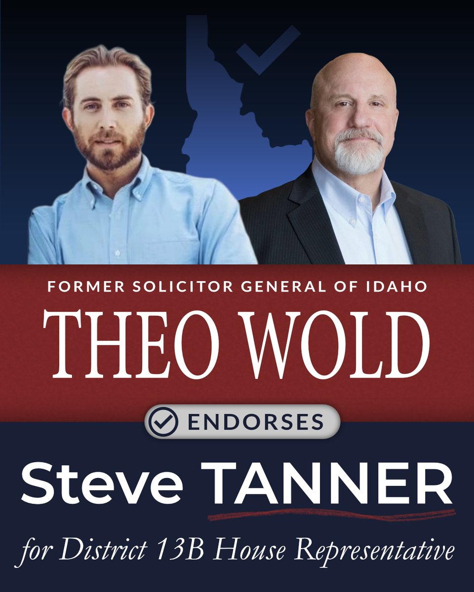 RealTheoWold's tweet photo. It is my honor to endorse my friend @SteveTannerUSA for re-election to the Idaho House of Representatives in District 13B.

Steve is a proven conservative warrior for our state. His opponent is a RINO endorsed by the Governor to be a puppet for the special interests that control our legislature.

I encourage everyone to get out and support Steve on May 19th.
