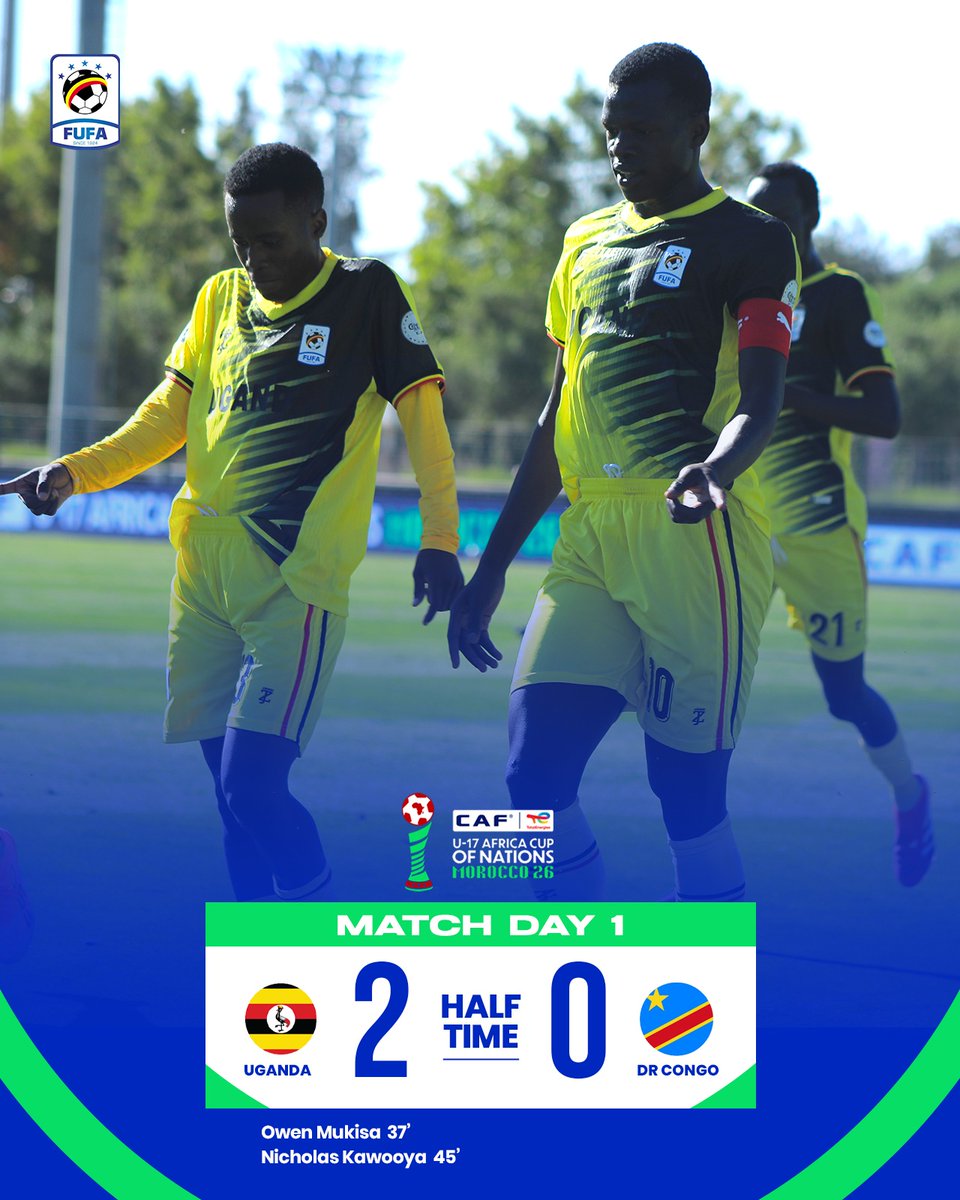OfficialFUFA's tweet photo. Half-time in Morocco as the Uganda Cubs take a commanding lead into the break after a strong first-half display. πΊπ¬
Uganda U-17 2οΈβ£-0οΈβ£ DR Congo U-17
#UGACOD | #TotalEnergiesAFCONU17 https://t.co/SiXs1Y7C27