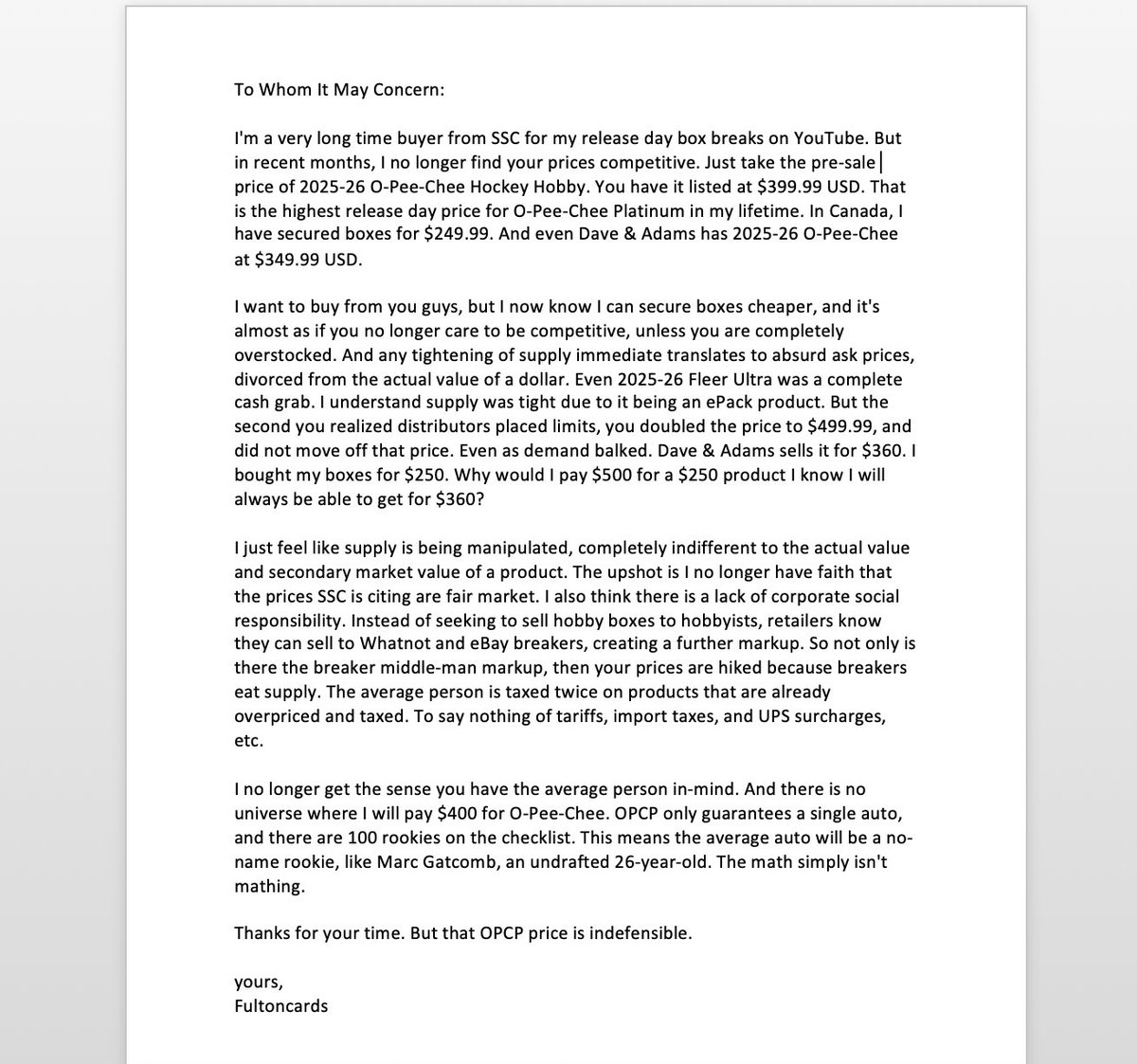 fultoncards's tweet photo. LETTER TO STEEL CITY COLLECTIBLES ON THE RECENT PRICE HIKES @SCCTradingCards @UpperDeckSports https://t.co/A0rdH8ow1G