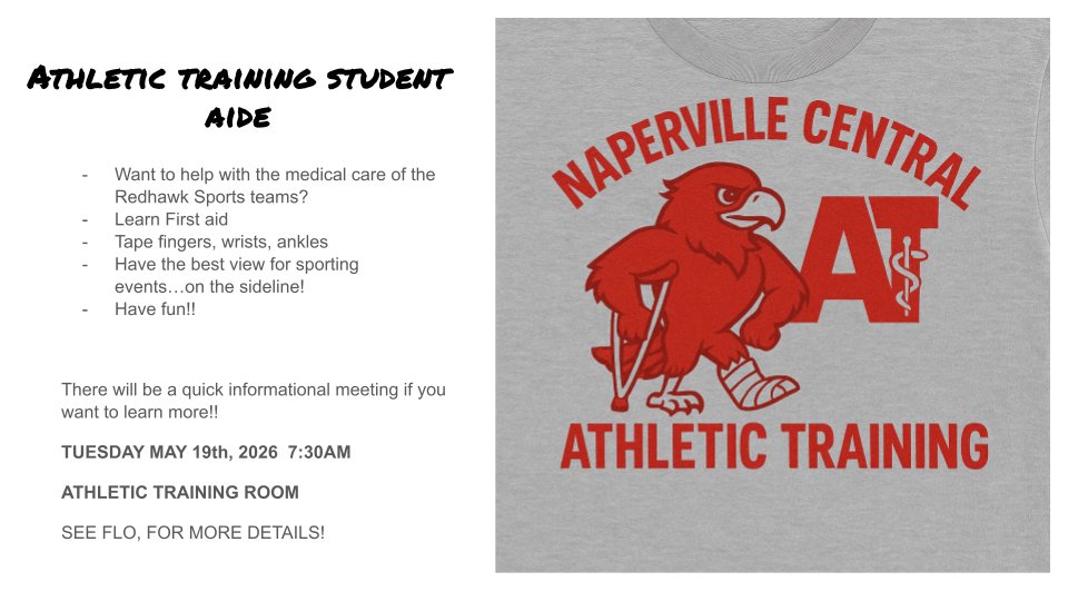 nchs_atc's tweet photo. calling any @NCHSOFFICIAL students that are looking to be involved with the health and safety of @NCHSRedhawks athletes. Come be part of the best #squad in the land. Get real experiences in healthcare. Meeting TUESDAY 7:30am! #Squadassemble #Hydrationnation #Embracetheblood https://t.co/jO0wB1Ecrl
