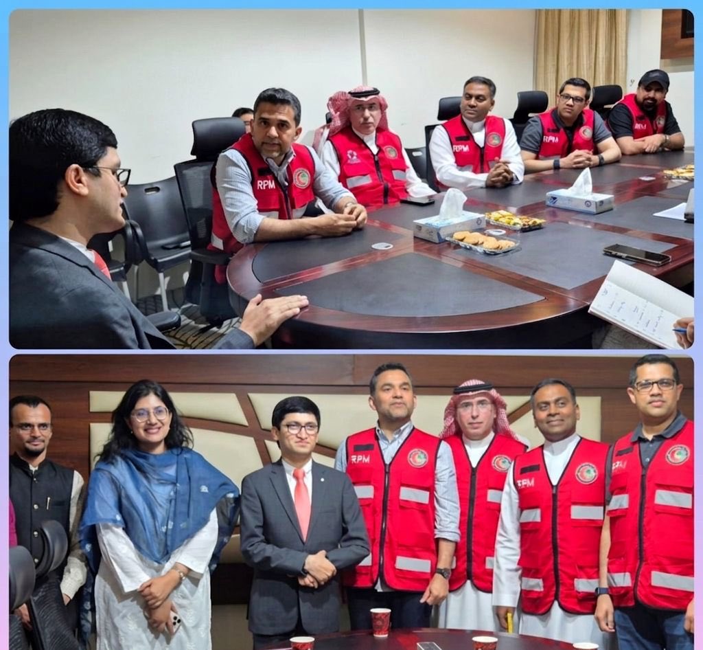 hajmission's tweet photo. Consul General Shri Fahad Ahmed Khan Suri @CGIJeddah , along with Consul (Haj) Ms. Sadaf Choudhary, held a meeting today (13 May) in Makkah with the Chairman of Burjeel Holdings Mr. Shamsheer Vayalil and the Saudi RPM team, the ambulance service provider to Indian Haj Mission for Haj-2026.

Discussions focused on reviewing ongoing Haj medical operations, with particular emphasis on core Haj preparedness, and ensuring effective emergency response to medical cases concerning Indian pilgrims.

@MEAIndia @IndianEmbRiyadh @MOMAIndia @hcoi_official