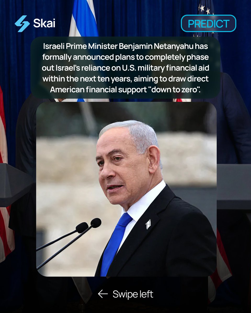 skaipredict's tweet photo. HISTORIC SHIFT: Israel Plans to Drop U.S. Military Aid to ZERO!

Israeli Prime Minister Benjamin Netanyahu announced a historic goal: Israel plans to completely phase out its reliance on U.S. military financial aid within the next decade.

#Israel #Netanyahu #Trump #MilitaryTech https://t.co/HlC68WlmnH