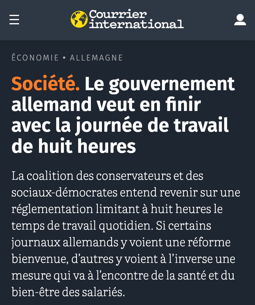 smith51_a's tweet photo. Le gouvernement allemand veut supprimer la limite quotidienne du temps de travail : cette flexibilisation à tout prix ouvre la porte à des journées plus longues, des semaines plus épuisantes, plus de pression sur les travailleur·euse·s et plus de risques pour leur santé. La journée de 8h est une conquête sociale, et elle doit le rester.