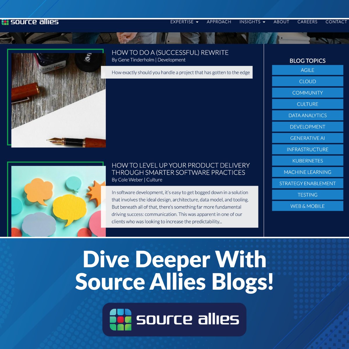 SourceAllies's tweet photo. Good ideas must be shared!  From architecture insights &amp; engineering practices to AI &amp; DevOps, Source Allies teammates are continuously contributing new perspectives through our public blogs.  See what our team has been writing about: https://t.co/ZFHZWae3nP https://t.co/gCLAVgd3OD