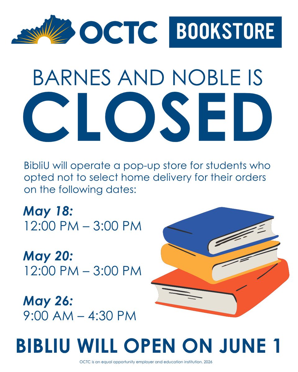 OCTC_Tweets's tweet photo. Please note: The Barnes &amp; Noble bookstore is currently closed, and BibliU opens 6/1.

BibliU will host a pop-up store for those who did not choose home delivery for their orders.

Pickup Dates &amp; Times:
• May 18 | 12 PM – 3 PM
• May 20 | 12 PM – 3 PM
• May 26 | 9 AM – 4:30 PM https://t.co/TF80T97MaB