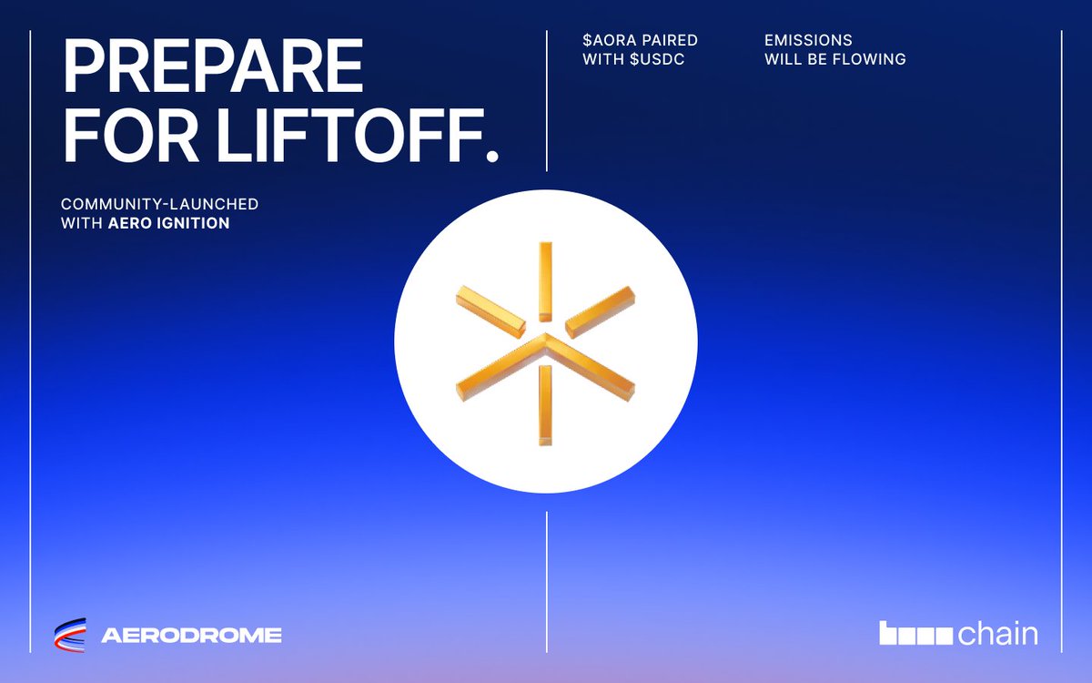 AerodromeFi's tweet photo. Aero Ignition: $AORA

@AtlasOraFi is launching $AORA, which serves five functional roles across the protocol economy.

At epoch flip, veAERO voters will have the opportunity to direct emissions and be among the first to receive $AORA at launch. https://t.co/qxbTIXblHw