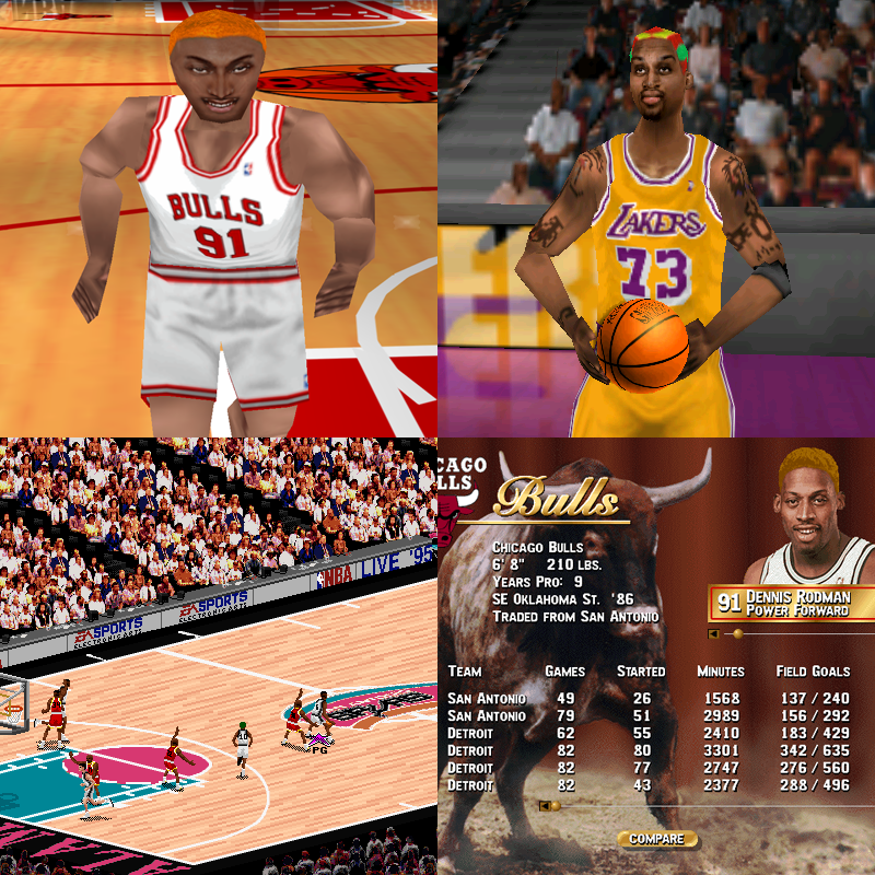 TheNLSC's tweet photo. Happy 65th Birthday to Dennis Rodman!

When The Worm began sporting colourful hair, so did his virtual counterpart in 90s video games! Not only that, but several titles had multiple face textures and models for Rodman, allowing his hair to change colour and pattern between games. https://t.co/8WFfr9y8eq