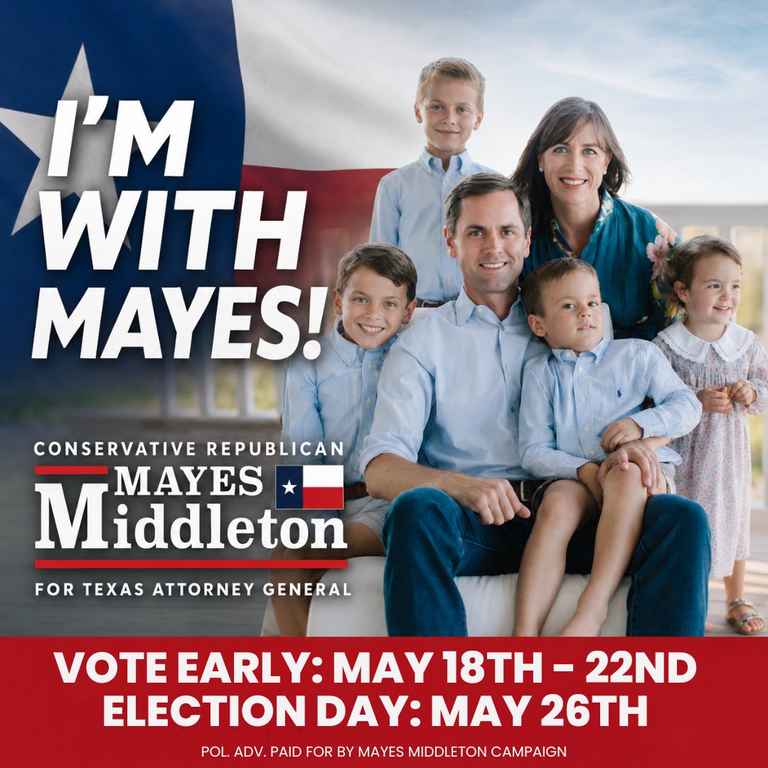 ElectAHinojosa's tweet photo. I’m proud to endorse my friend @mayes_middleton for Texas Attorney General. Mayes has been a consistent conservative fighter for the values Texans care about most, defending our Constitution, protecting our communities, securing the border, and standing up for faith, family, and freedom. I’ve had the opportunity to work alongside him and I know firsthand his commitment to serving the people of Texas with integrity and conviction. I look forward to continuing to work with him as we fight for the future of our state.