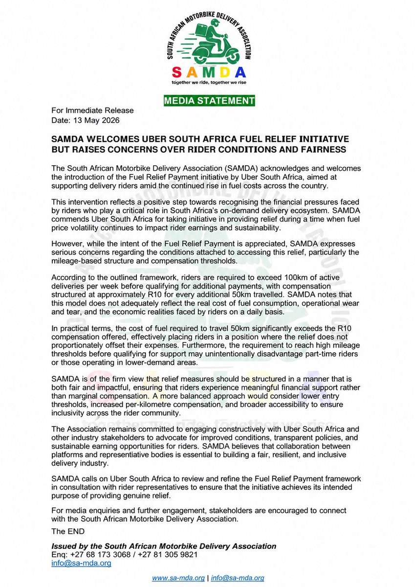 samda_za's tweet photo. [READ]
Media statement issued by the South African Motorbike Delivery Association in response to the fuel relief by @Uber_RSA. 

#SAMDA #AsipheliMoya #ProtectOurRiders #StopExploitation https://t.co/PAMOfw1S5r