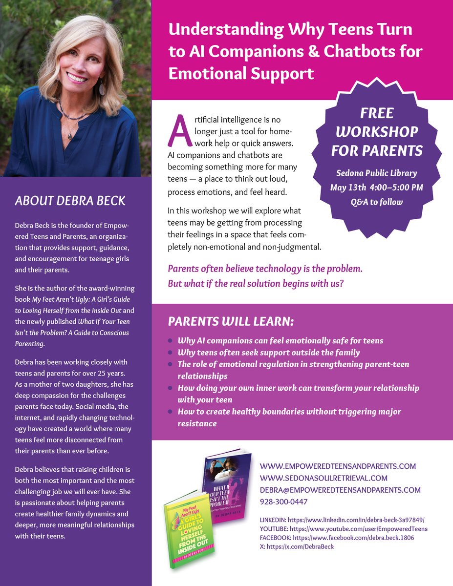 DebraBeck's tweet photo. Join me TODAY for a FREE Workshop for parents at Sedona Library on 5/13/26 from 4-5pm. Very Important Topic: "AI and Teens" https://t.co/XjewOndzXy