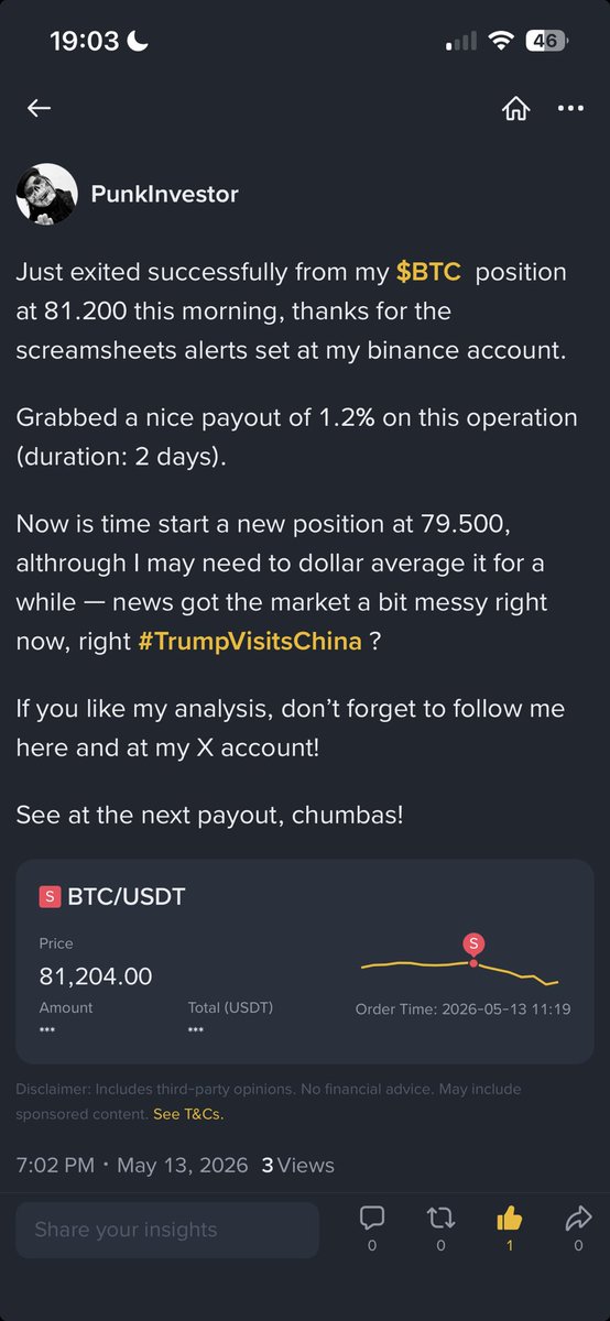 PunkInvestur's tweet photo. Just exited successfully from my $BTC  position at 81.200 this morning, thanks for the alerts set at my binance.
Grabbed a nice payout of 1.2% on this operation (dur: 48 hours)
Now is time dollar average at 79.500, it may take a while #TrumpVisitsChina .
See on the next #payout ! https://t.co/5MbjrUy5LM
