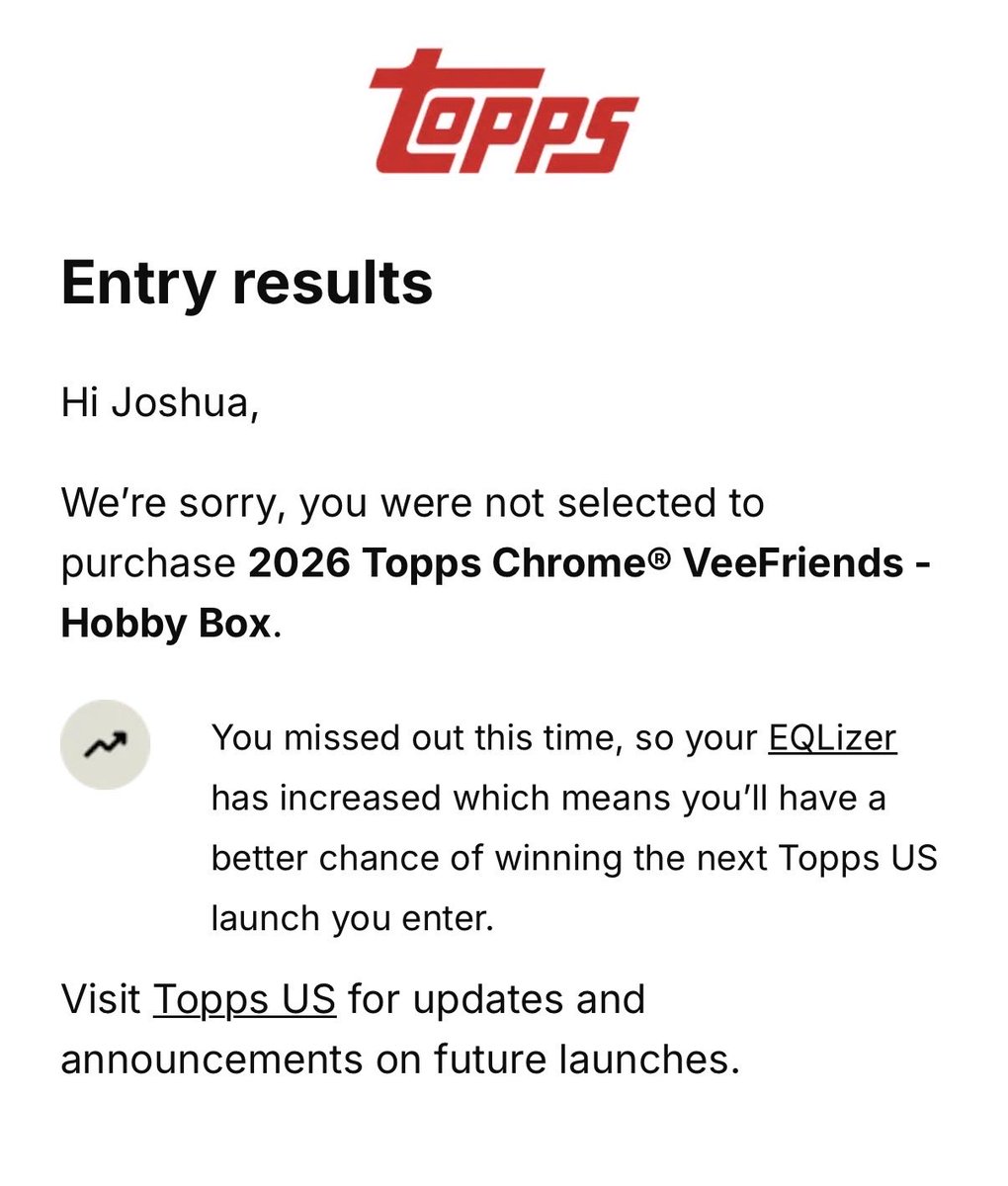 Duclair316's tweet photo. 12 entries from me my wife and son 0 hits on @veefriends Topps Chrome. Hey it happens. At least have access to a mega. Only critique is no guarantee for a hobby this time for S1 holders &amp; sealed cases didn’t need to be offered with so many missing out. Limit 1 wouldve also helped https://t.co/hjPT16IC2W