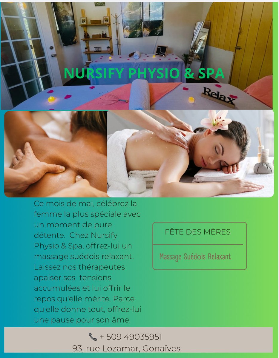 nphysiospa's tweet photo. Ce mois de mai, célébrez la femme la plus spéciale avec un moment de pure détente. 🌸 Chez NURSIFY PHYSIO &amp; SPA, offrez-lui un massage suédois relaxant. Laissez nos thérapeutes apaiser ses tensions accumulées et lui offrir le repos qu'elle mérite. https://t.co/8mXyAJQLh9