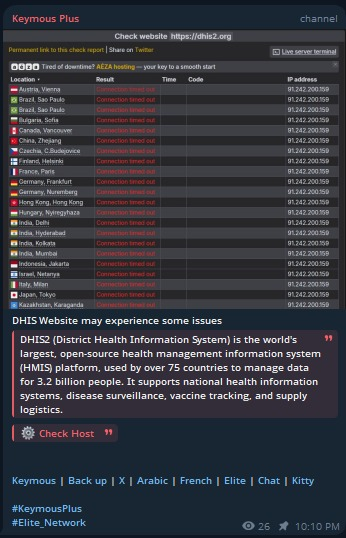 FalconFeedsio's tweet photo. 🚨DDoS Alert: 🇳🇴

Keymous Plus claims to have targeted the website of DHIS2   (https://t.co/Gh7eQtVLSn) https://t.co/xb06Ca6g4d