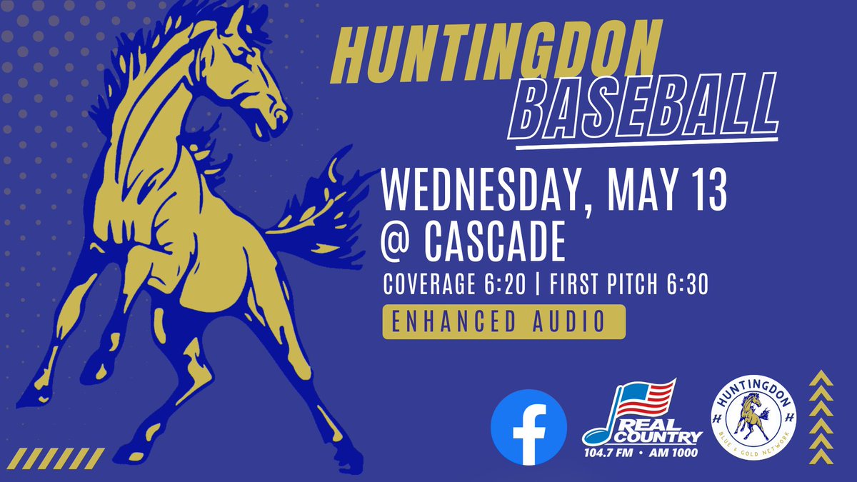 Sports731Net's tweet photo. ⚾️SUB-STATE GAME DAY:⚾️

The Huntingdon Mustangs take on Cascade in a best of 3 sub-state series. Tonight is game 1!

Our coverage led by The Voice of the Mustangs, Brian Groom begins at 6:20 with first pitch at 6:30!

Come out to support the Mustangs or tune in with us! 

🎧 Enhanced Audio: Huntingdon's Blue & Gold Network Facebook

📻 Listen: WHNY 104.7FM | https://t.co/fMtZkLQIrX | Henry County Now App

#GoMustangs