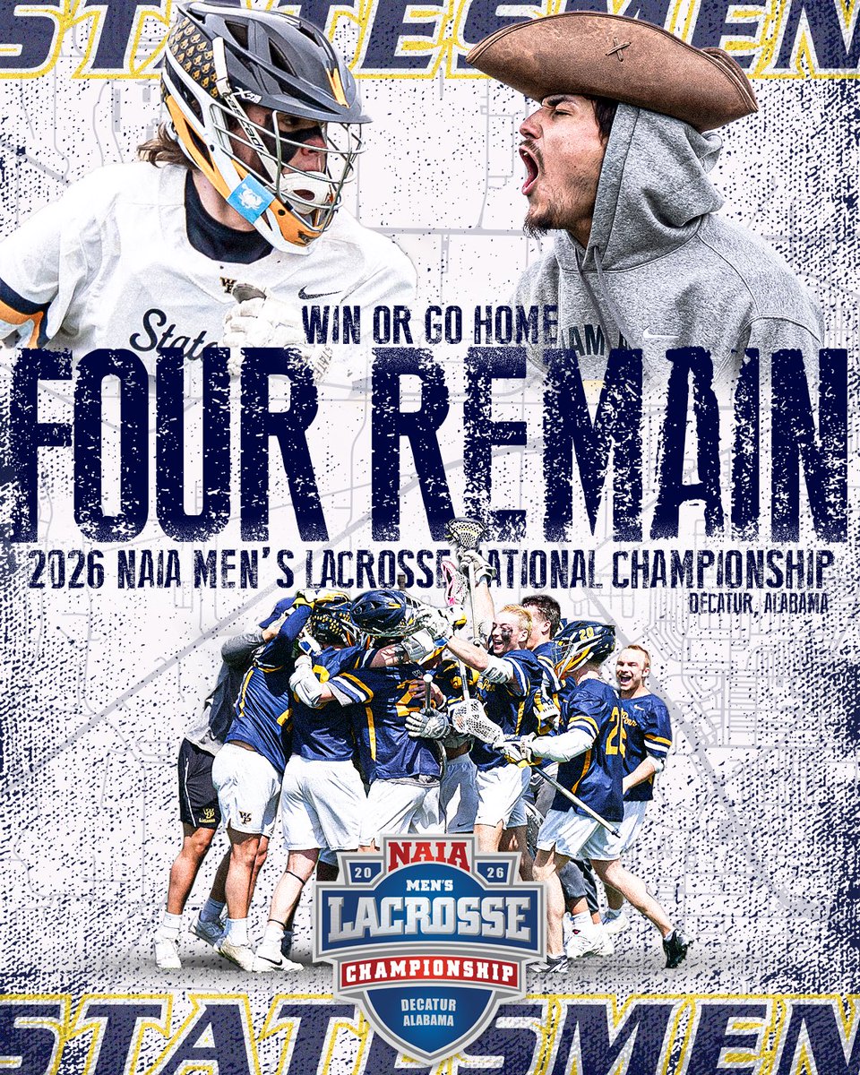 WPUAthletics's tweet photo. FOUR REMAIN! Men’s lacrosse continues their battle for the red banner at the 2026 NAIA Men’s Lacrosse National Championship tomorrow! https://t.co/AmB3gTBDDz