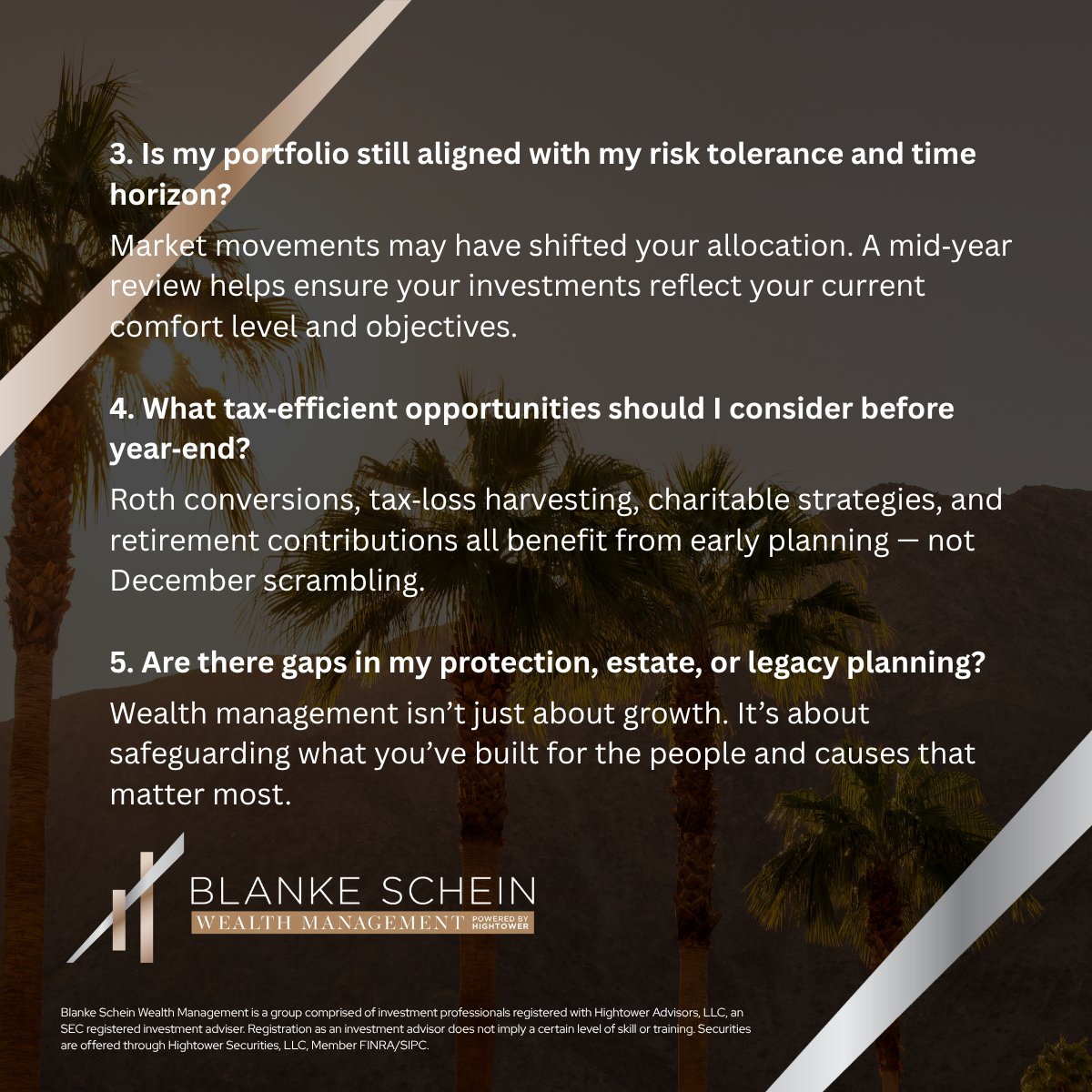 BlankeScheinWM's tweet photo. It’s already May...hard to believe, right? The good news is that this is the perfect moment to take a fresh look at your financial life.

As an investor, now is the time to make sure your portfolio still aligns with your goals.

Schedule a call with us today: 760-346-5150.

#Investing #WealthManagement #FinancialPlanning #PortfolioReview #FinancialAdvisor #MidYearPlanning