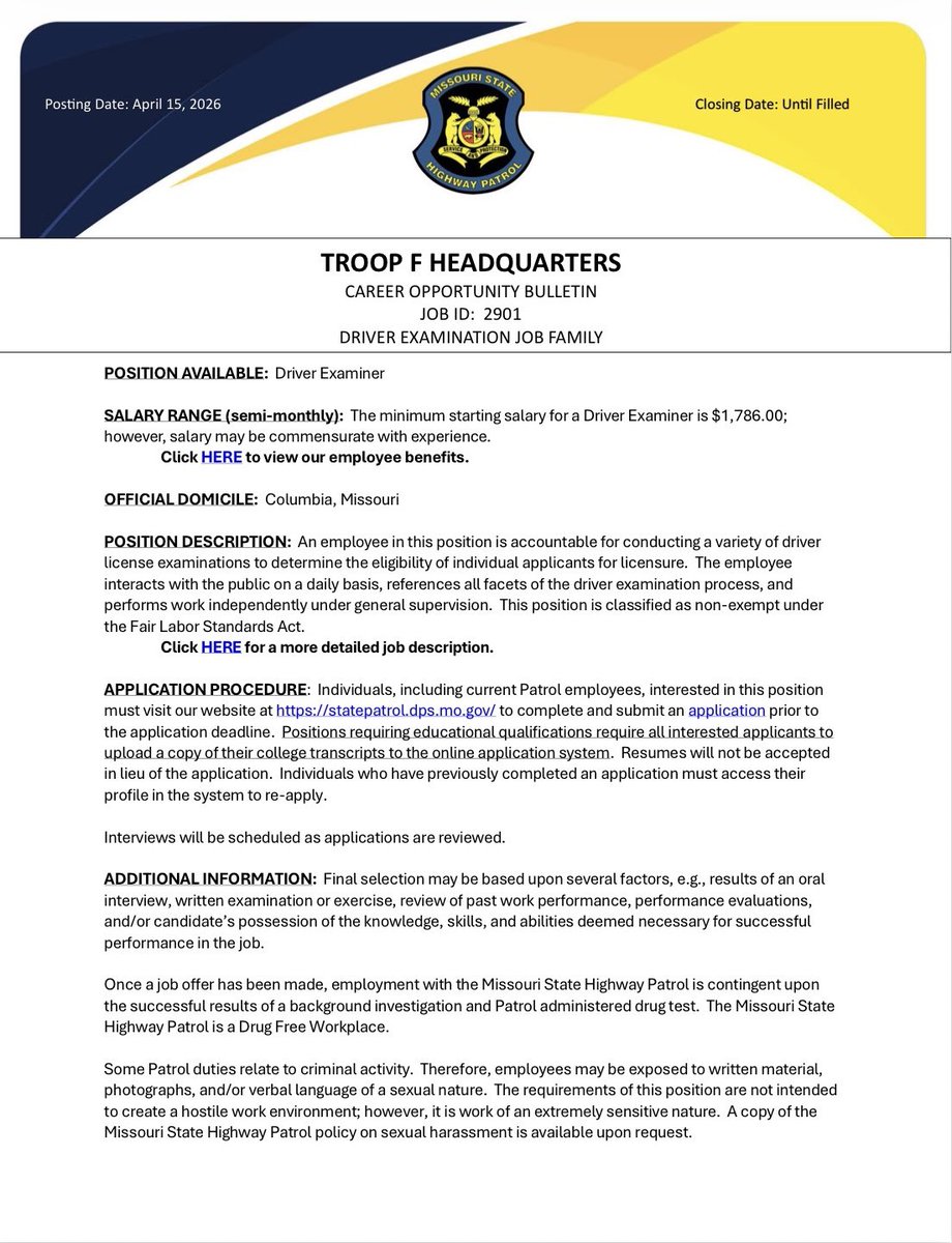MSHPTrooperF's tweet photo. 🚨 ATTENTION 🚨 ATTENTION 🚨

Troop F in Jefferson City is hiring for the following civilian positions:

✅ Communications Operator Trainee

&amp;

✅ Driver Examiner

For more information or to apply today, please click on the link below:
https://t.co/1suzgxdlDq https://t.co/ZgHKrP0YJT