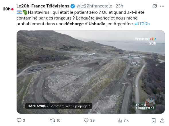 BriceLeBorgne's tweet photo. Depuis plusieurs jours, les discussions sur l'origine de l'hantavirus à bord de la croisière de l'Hondius portent sur une décharge d'Ushuaia : à en croire bon nombre de médias, c'est là que Leo Schilperoord aurait été contaminé. 
Voici pourquoi c'est une hypothèse (très) fragile. https://t.co/t5n5uHhhba