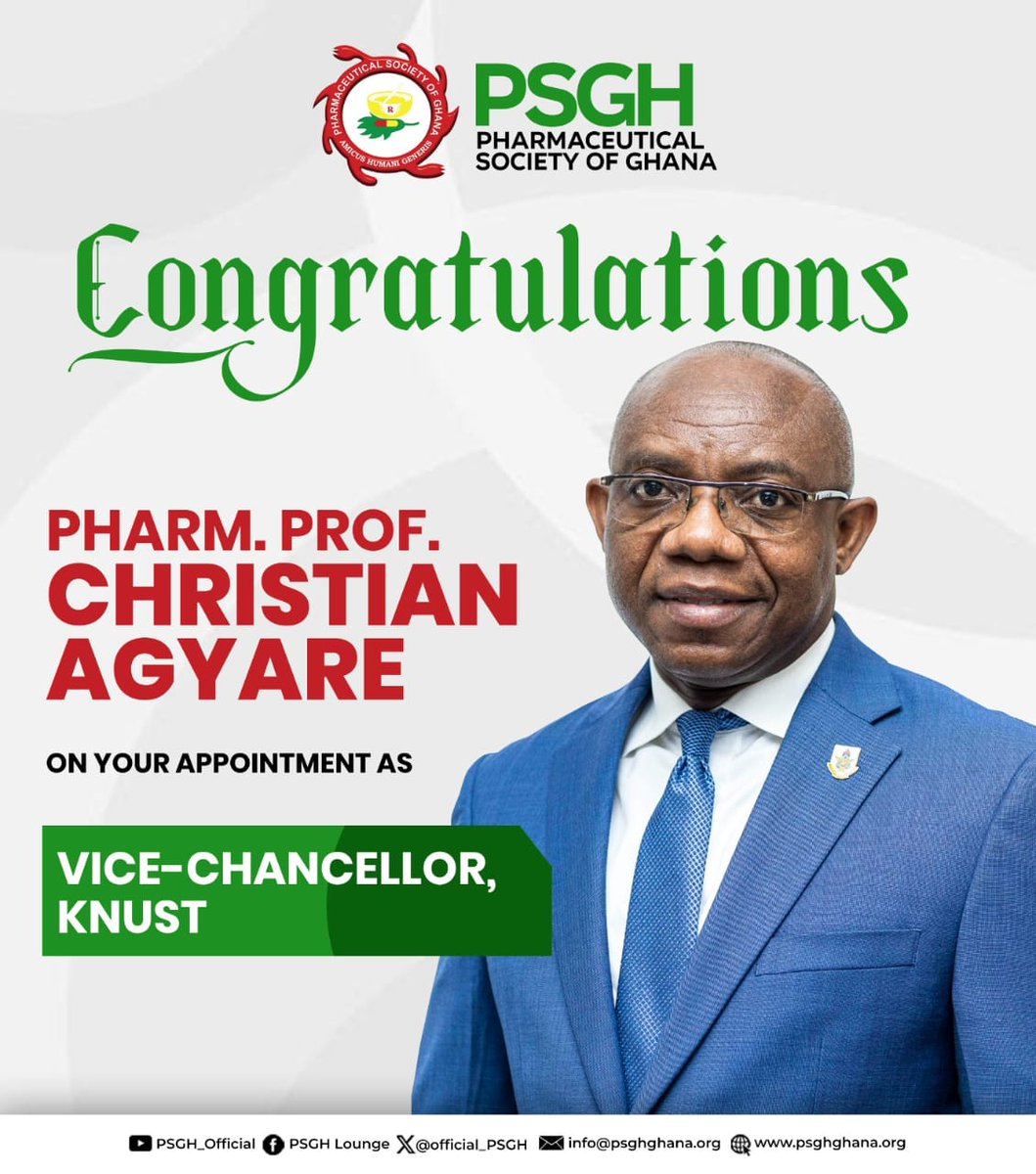 PSGhAshanti's tweet photo. The Pharmaceutical Society of Ghana proudly celebrates Pharm Prof. Christian Agyare on his appointment as Vice-Chancellor of Kwame Nkrumah University of Science and Technology (@KNUSTGH) 
A remarkable milestone for pharmacy, academia, and national leadership. #PSGhAshanti https://t.co/82t6DaIDS3